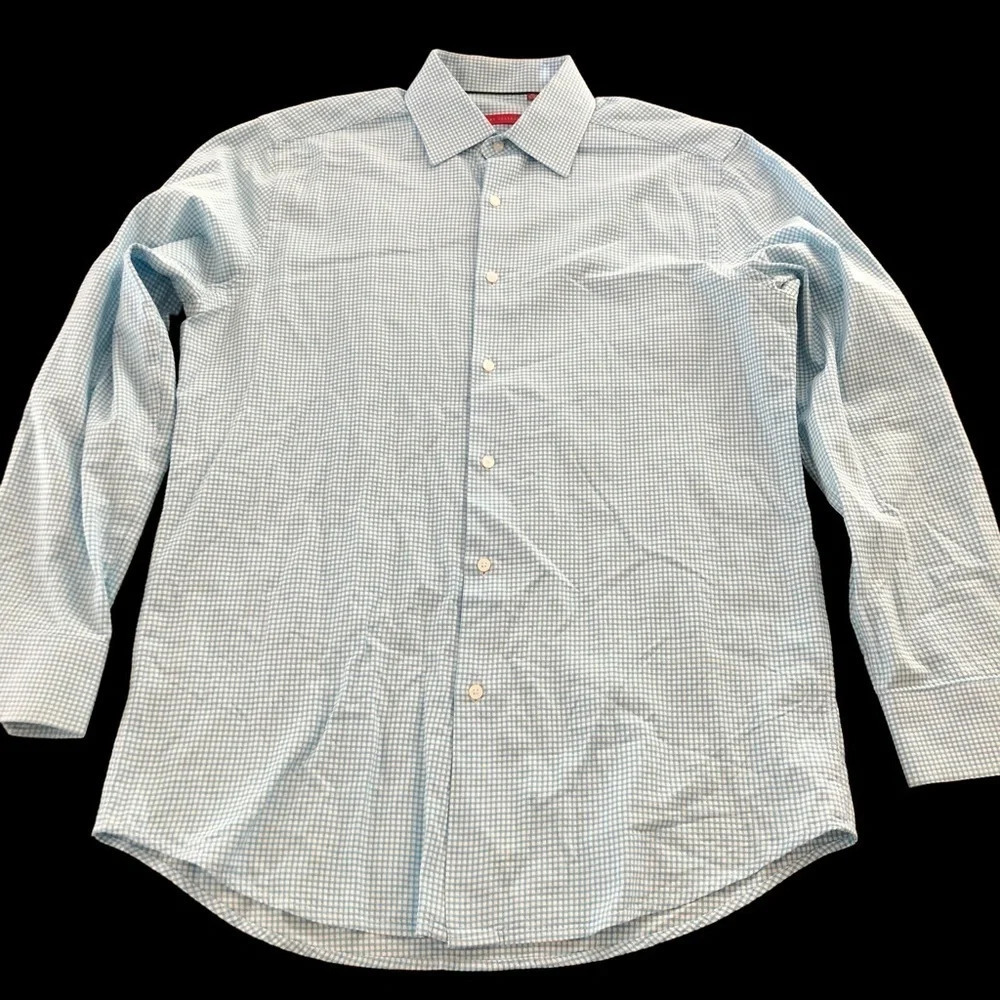Report‎ Collection Mens Medium 15.5” 34/35 Grid plaid Button Front Shirt Aqua